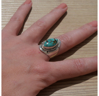 Chevalière en argent et pierre navette Turquoise du Tibet (bleu) T58