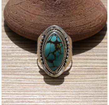NEW ! Chevalière en argent et pierre navette Turquoise du Tibet (bleu)