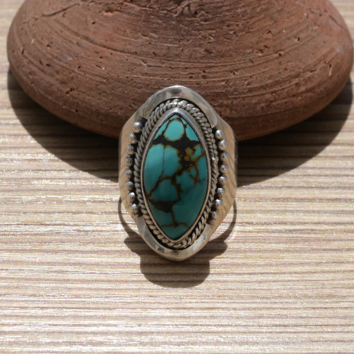 NEW ! Chevalière en argent et pierre navette Turquoise du Tibet (bleu)