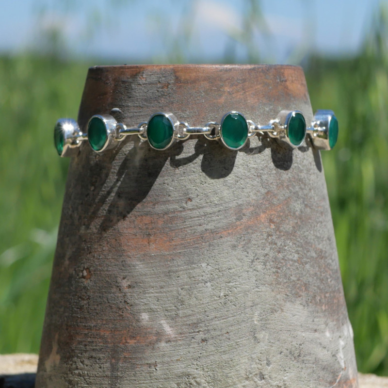 Bracelet en argent et 10 pierres ovales en Agate verte (vert)