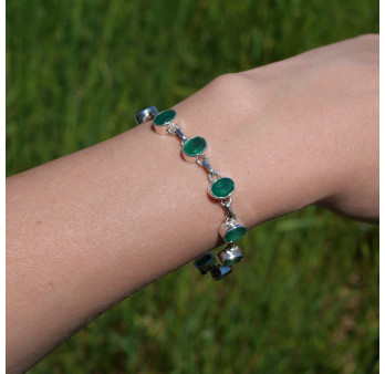 NEW ! Bracelet en argent et 10 pierres ovales en Agate verte (vert)