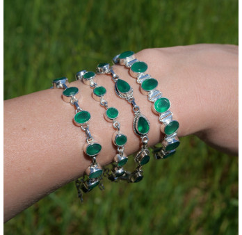 NEW ! Bracelet en argent et 10 pierres ovales en Agate verte (vert)