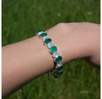 NEW ! Bracelet en argent et 10 pierres ovales en Agate verte (vert)