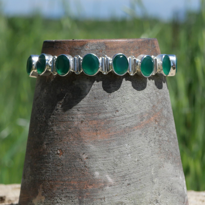 Bracelet en argent et 10 pierres ovales en Agate verte (vert)