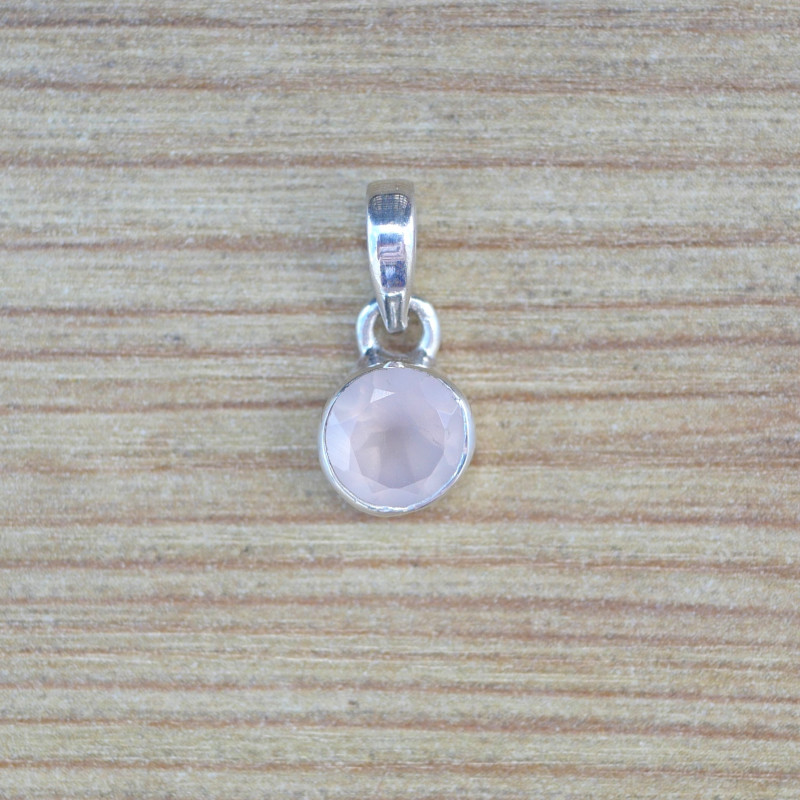 Petit pendentif rond en pierre Quartz rose et argent (rose)