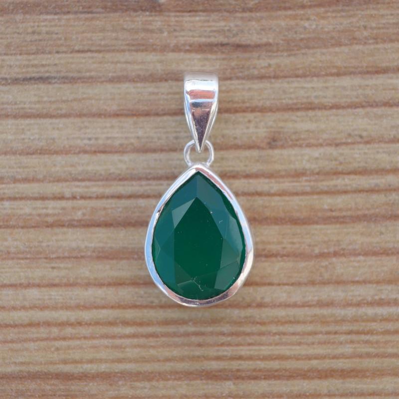 NEW ! Pendentif goutte en argent et pierre facettée en Agate verte (vert)