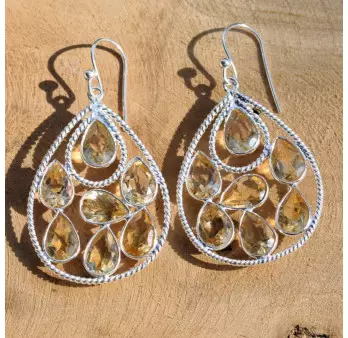 Grandes boucles en goutte argent et 7 pierres gouttes en Citrine (jaune)
