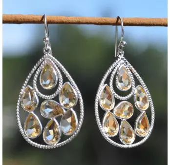 NEW ! Grandes boucles en goutte argent et 7 pierres gouttes en Citrine (jaune)