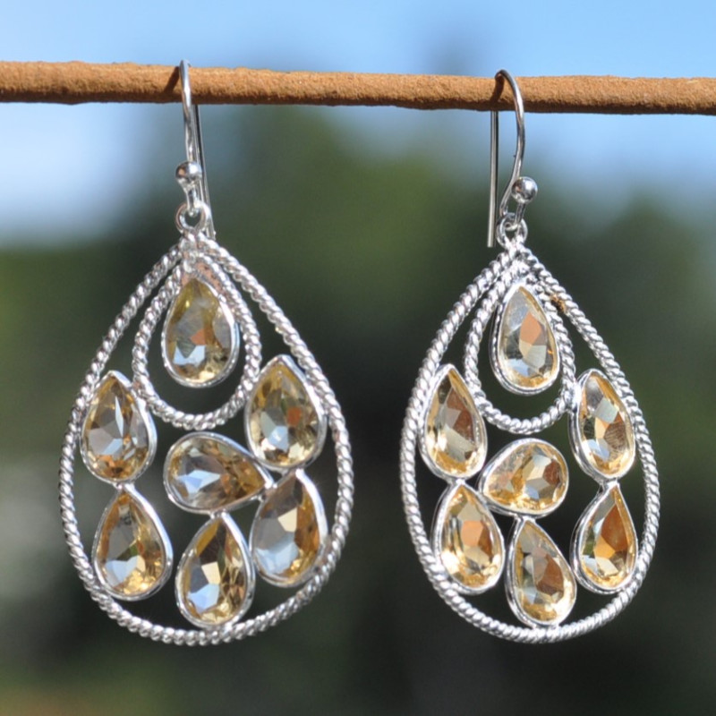 NEW ! Grandes boucles en goutte argent et 7 pierres gouttes en Citrine (jaune)