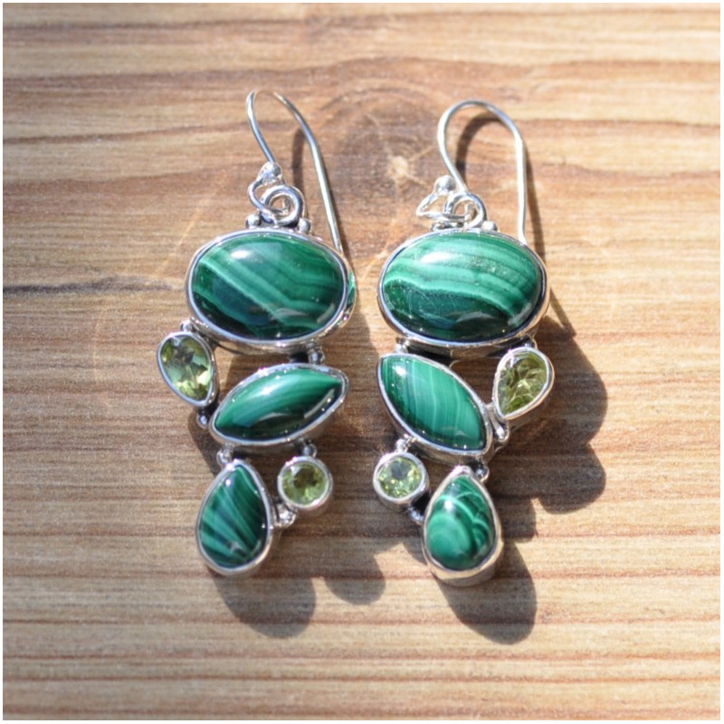 Boucles d'oreilles argent avec 5 pierres en Malachite et Péridot (vert)