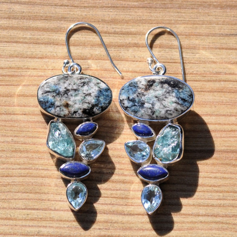 Boucles d'oreilles argent avec 6 pierres en Jaspe Lapis Topaze bleue