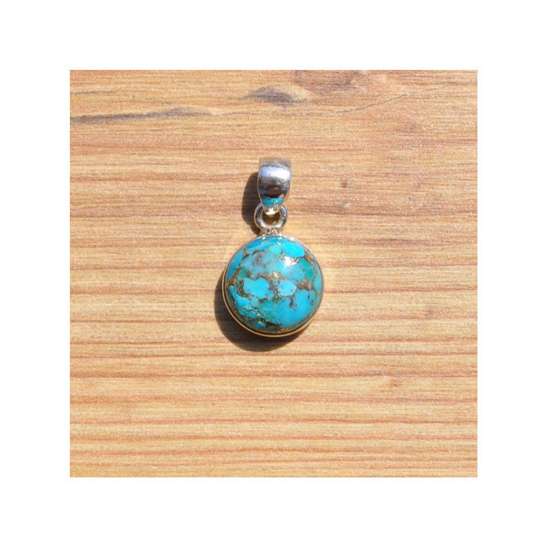 NEW ! Pendentif rond argent et Turquoise copper (bleu)