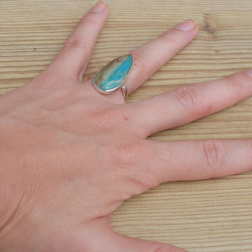 Bague goutte fine Opaline du Pérou et argent (bleu) (vert) T52