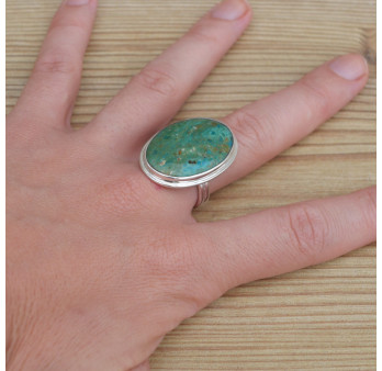 Grosse bague ovale Opaline du Pérou et argent (bleu) (vert) T56