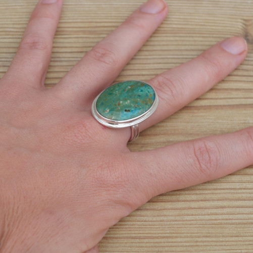 Grosse bague ovale Opaline du Pérou et argent (bleu) (vert) T56