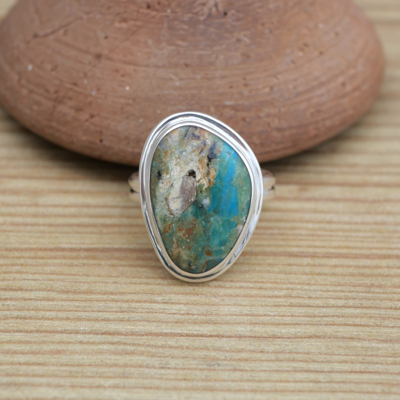 Bague monture double en argent et pierre Opaline du Pérou (bleu) (vert)