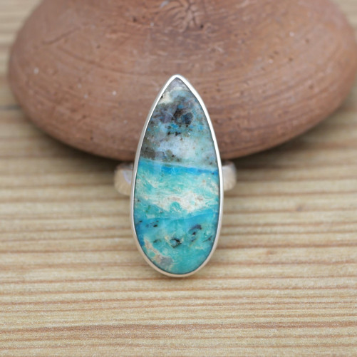 Bague goutte fine OPALINE du Pérou et argent (bleu) (vert)