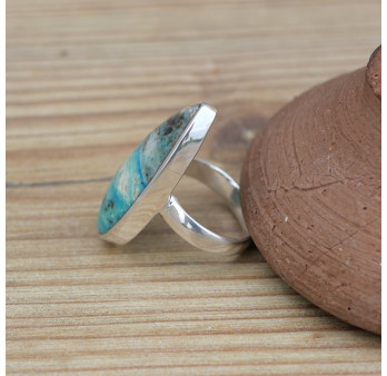 Bague goutte fine Opaline du Pérou et argent (bleu) (vert) T53