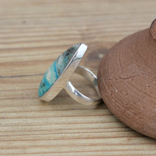 Bague goutte fine Opaline du Pérou et argent (bleu) (vert) T53