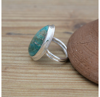 Bague monture double en argent et pierre Opaline du Pérou (bleu) (vert) T52