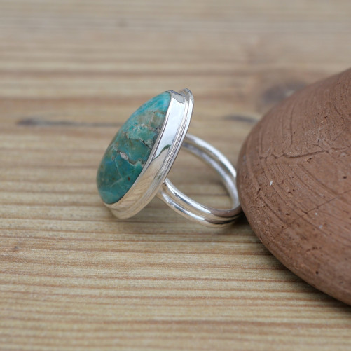 Bague monture double en argent et pierre Opaline du Pérou (bleu) (vert) T52