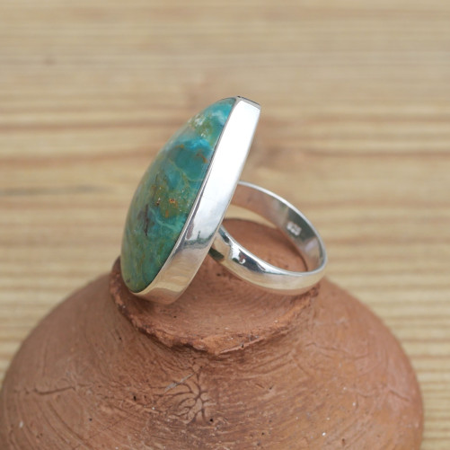 Grosse bague goutte Opaline du Pérou et argent (bleu) (vert) T54