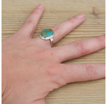 Bague monture double en argent et pierre Opaline du Pérou (bleu) (vert) T51
