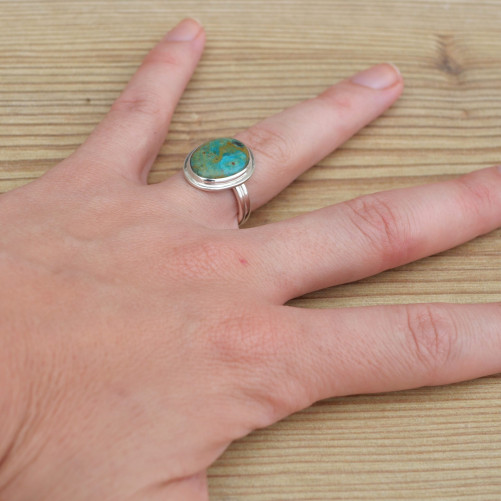 Bague monture double en argent et pierre Opaline du Pérou (bleu) (vert) T51