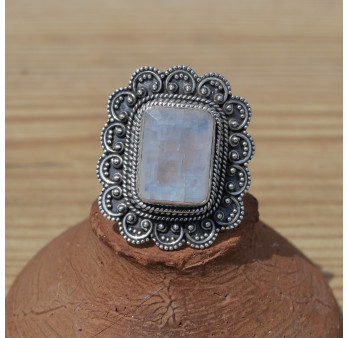 NEW ! Bague fleur pierre rectangulaire Pierre de lune facettée et argent (blanc)