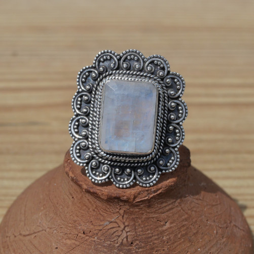 NEW ! Bague fleur pierre rectangulaire Pierre de lune facettée et argent (blanc)