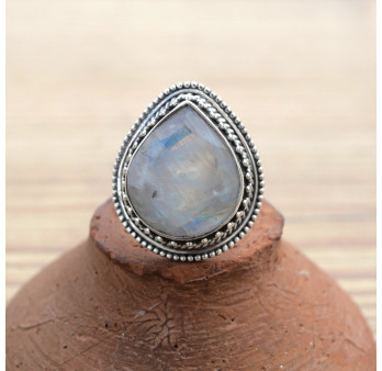NEW ! Bague goutte Pierre de lune et plateau en argent ciselé (blanc)