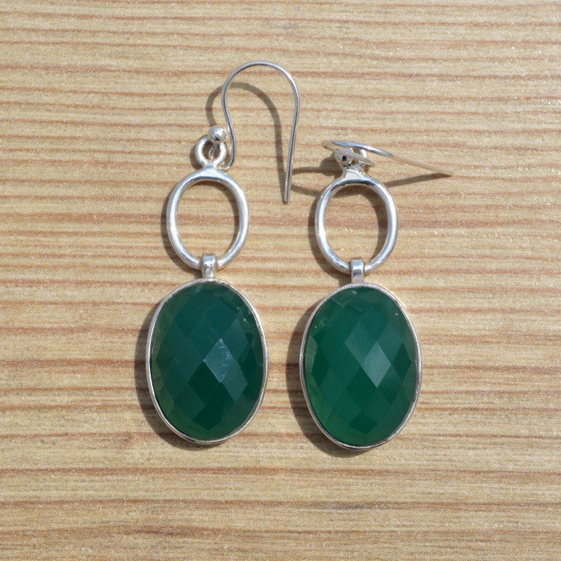 Boucles d'oreilles argent pierre ovale facettée Agate verte (vert) Boucles d'oreilles argent pierre ovale facettée Agate verte (vert)