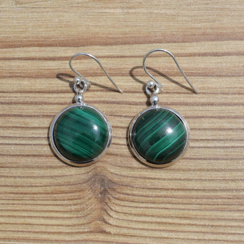 Boucles rondes en argent et pierre Malachite (vert) Boucles rondes en argent et pierre Malachite (vert)