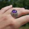 NEW ! Chevalière Homme argent ciselé et pierre ronde Améthyste (violet)