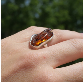 NEW ! Bague en argent et Ambre long brute (orange)