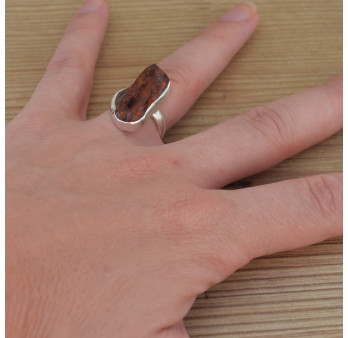 NEW ! Bague en argent et Ambre long brute (orange)