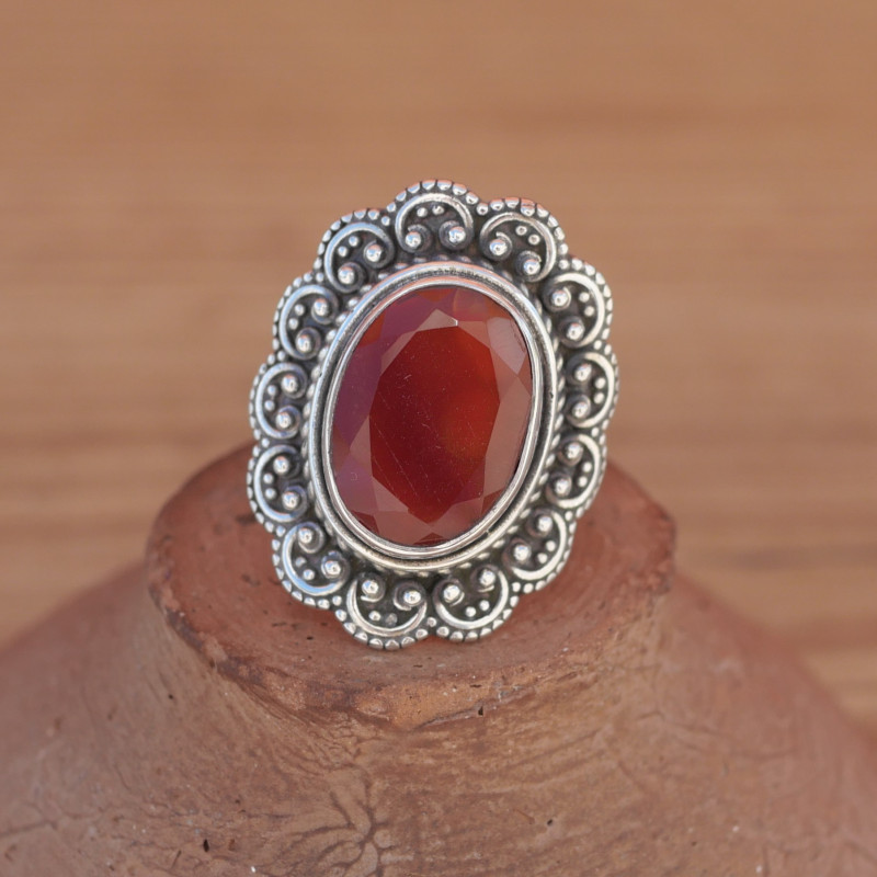 NEW ! Bague fleur en pierre Cornaline et argent ciselé (orange)