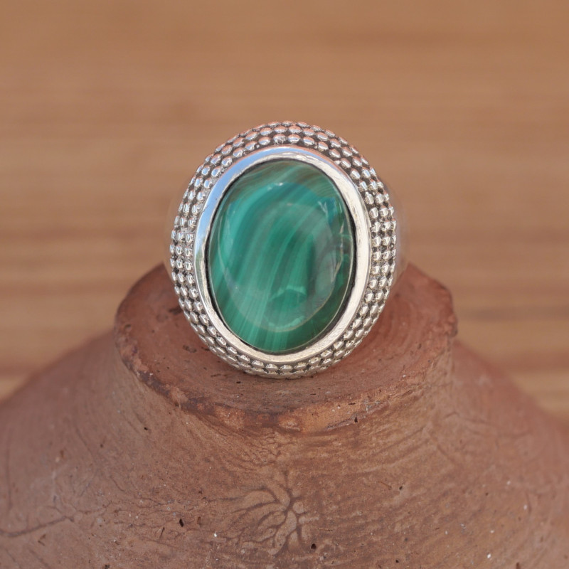 Bague chevalière argent mixte pierre Malachite ovale (vert) T57 Bague chevalière argent mixte pierre Malachite ovale (vert) T57