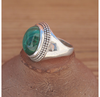 Bague chevalière argent mixte pierre Malachite ovale (vert)