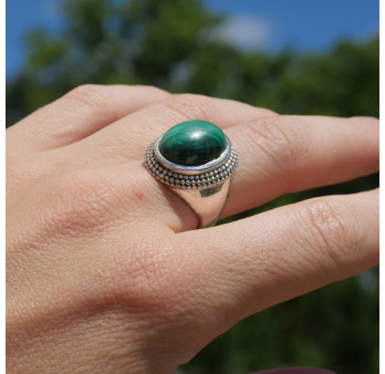 Bague chevalière argent mixte pierre Malachite ovale (vert)