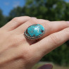 NEW ! Grosse bague ovale argent ciselé et Turquoise du Tibet (bleu)