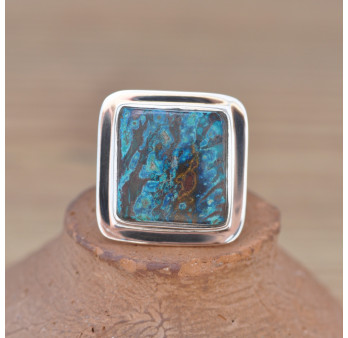 NEW ! Bague carrée argent plat et pierre Chrysocolle (bleu)