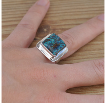 Bague carrée argent plat et pierre Chrysocolle (bleu) T53