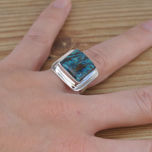Bague carrée argent plat et pierre Chrysocolle (bleu) T53
