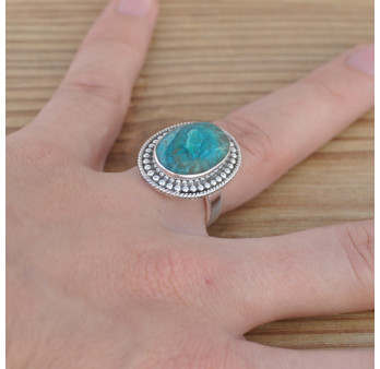 NEW ! Bague ovale argent ciselé et pierre Chrysocolle (bleu)