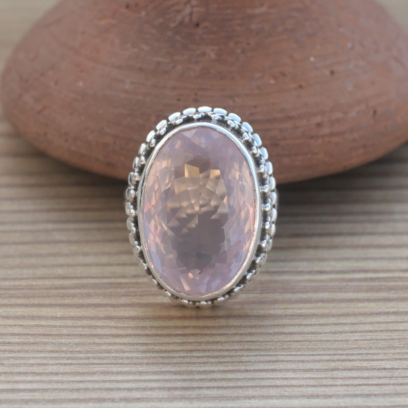 Bague argent pierre ovale facettée en Quartz rose (rose) T56 réglable Bague argent pierre ovale facettée en Quartz rose (rose) T56 réglable