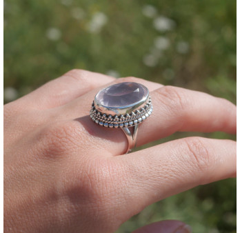 NEW ! Bague argent pierre ovale facettée en Quartz rose (rose)