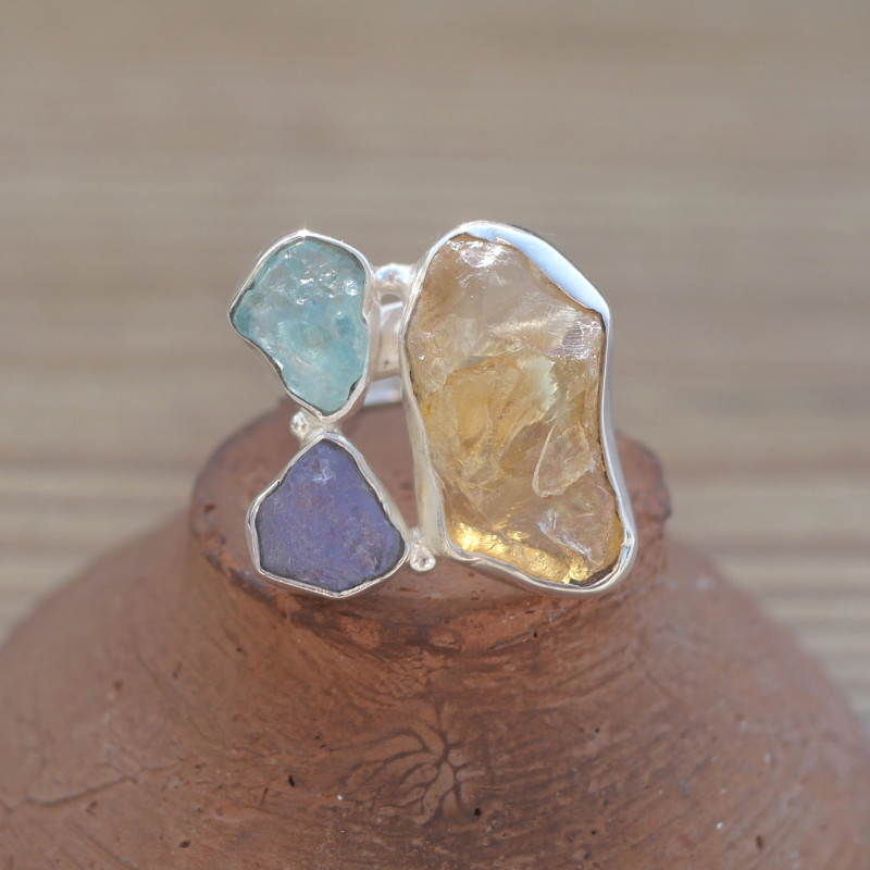 NEW ! Bague en argent et 3 pierres brutes Citrine Tanzanite et Aigue marine (multicolore)