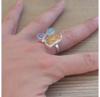 NEW ! Bague en argent et 3 pierres brutes Citrine Tanzanite et Aigue marine (multicolore)