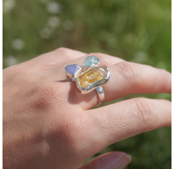 NEW ! Bague en argent et 3 pierres brutes Citrine Tanzanite et Aigue marine (multicolore)